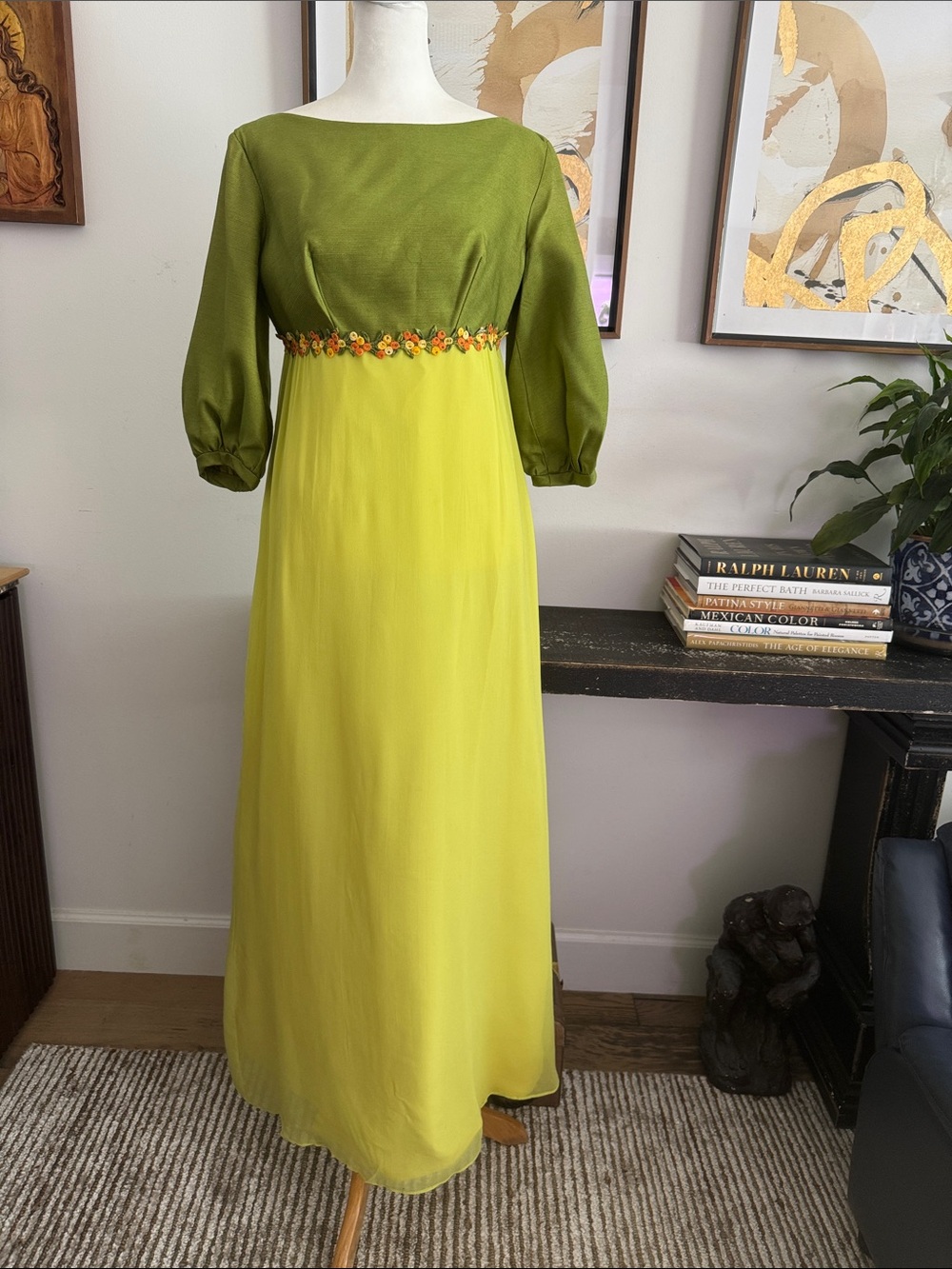 1960’s Blue Garter Bridal chartreuse green silk chiffon empire waist maxi dress